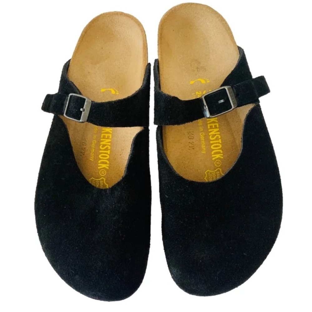 NWT Birkenstock Black Suede Mary Jane Mules with Buckle Women Sz 7 Outdoor Comfy